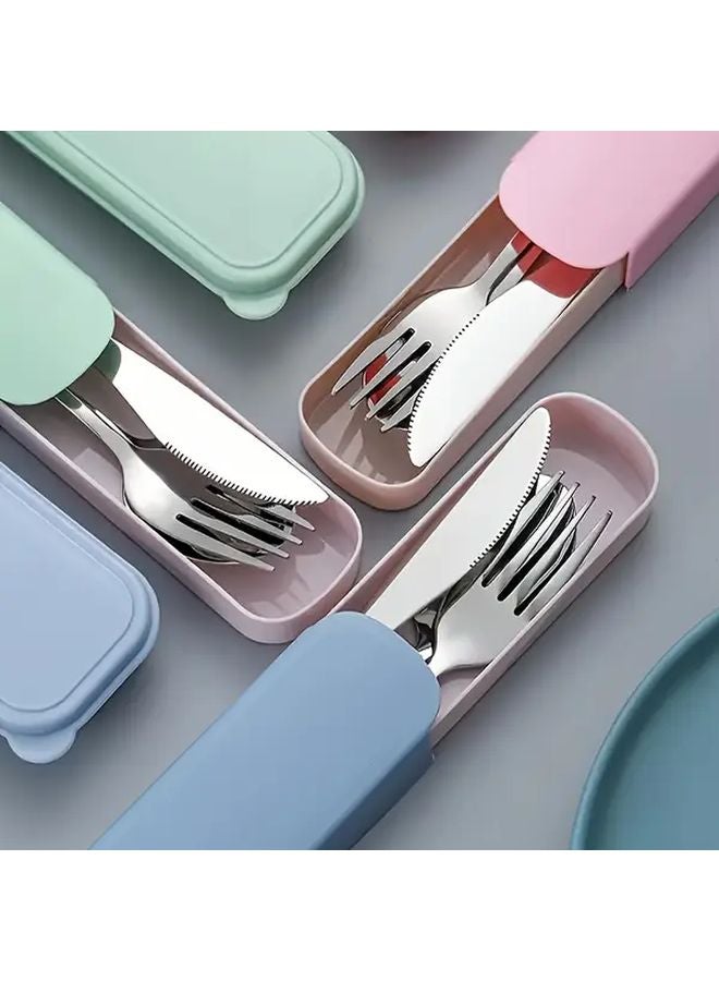 Blue 3 Piece Stainless Steel Utensil Set Portable Fork Spoon Camping Steak Tool - Image 1